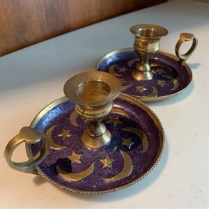 Vintage Hungarian Brass and Enamel Moon and Stars Candle Holders Set of Two